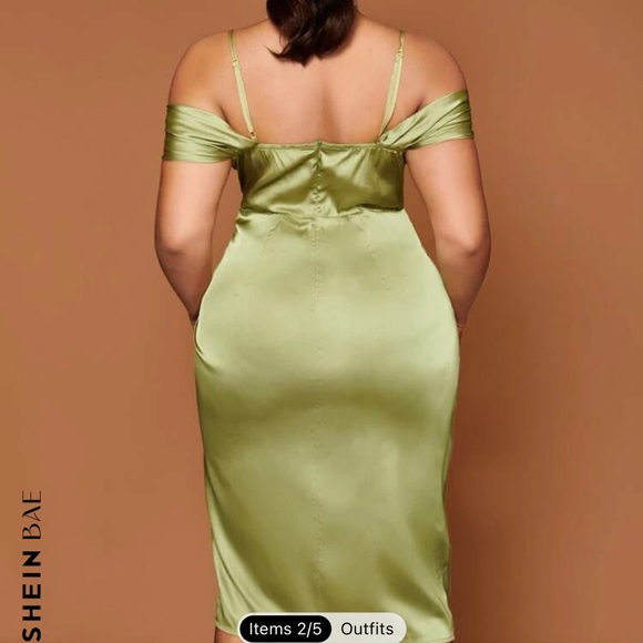 Shein Bae Plus Cold Shoulder Ruched Split Hem Bustier Satin Dress - Picture 2 of 4